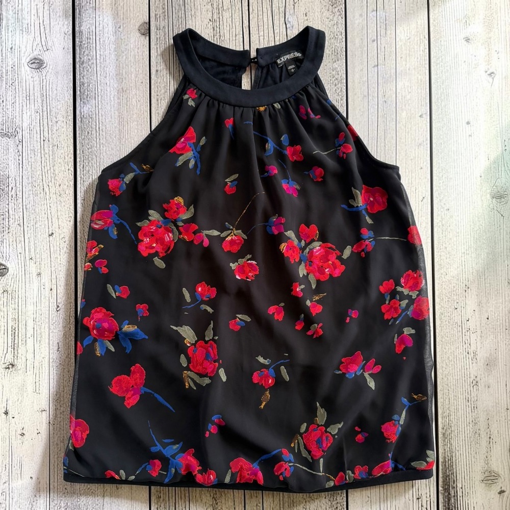 Express Black Floral Halter Neck Tank Top Sleeveless Blouse Keyhole Back Small